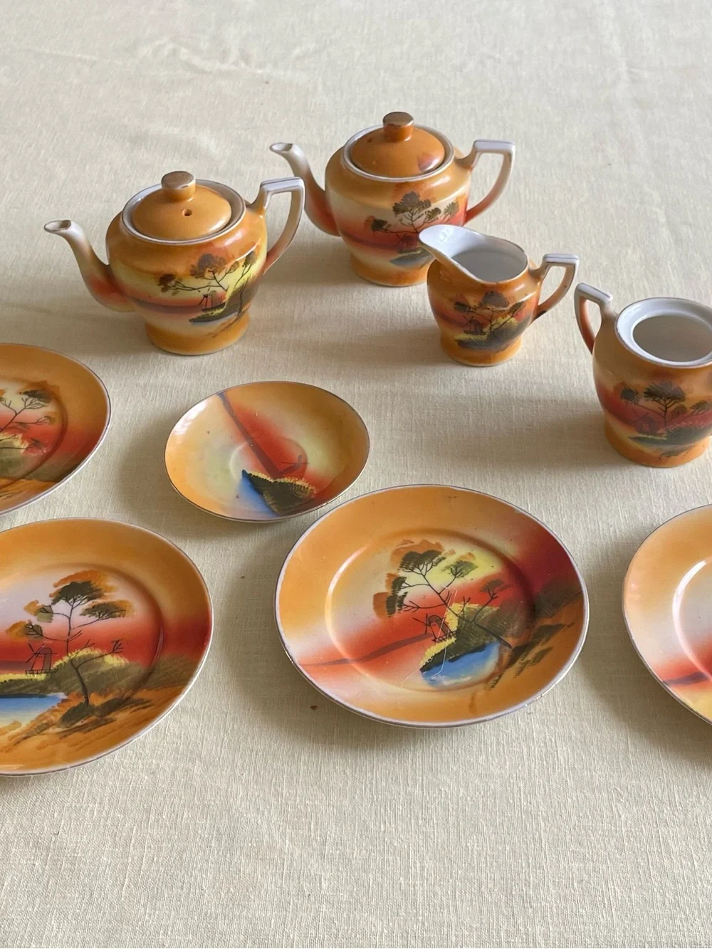 Vintage Japan Hand Painted Lusterware Tea Set Scenic Landscape 11 Piece